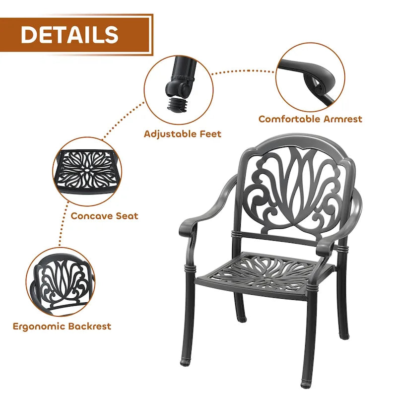 Ensemble de salle à manger d'extérieur 5 ou 7 pièces en aluminium moulé avec table ronde de 120 cm et coussins d'assise de couleur aléatoire