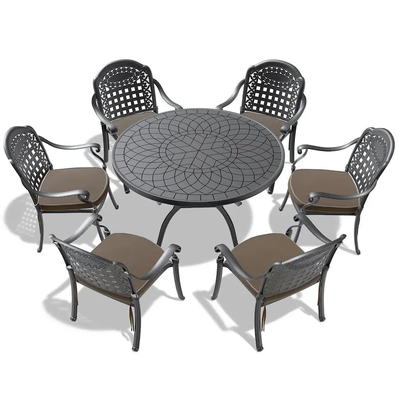 Ensemble de salle à manger d'extérieur 5 ou 7 pièces en aluminium moulé avec table ronde de 120 cm et coussins d'assise de couleur aléatoire