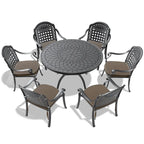 Ensemble de salle à manger d'extérieur 5 ou 7 pièces en aluminium moulé avec table ronde de 120 cm et coussins d'assise de couleur aléatoire