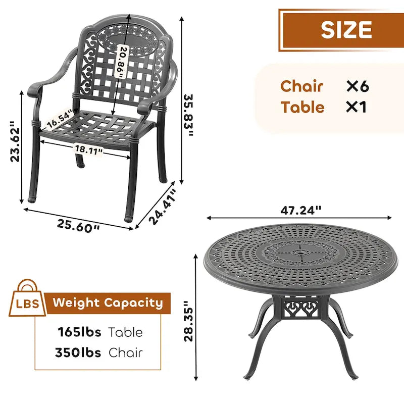 Ensemble de salle à manger d'extérieur 5 ou 7 pièces en aluminium moulé avec table ronde de 120 cm et coussins d'assise de couleur aléatoire