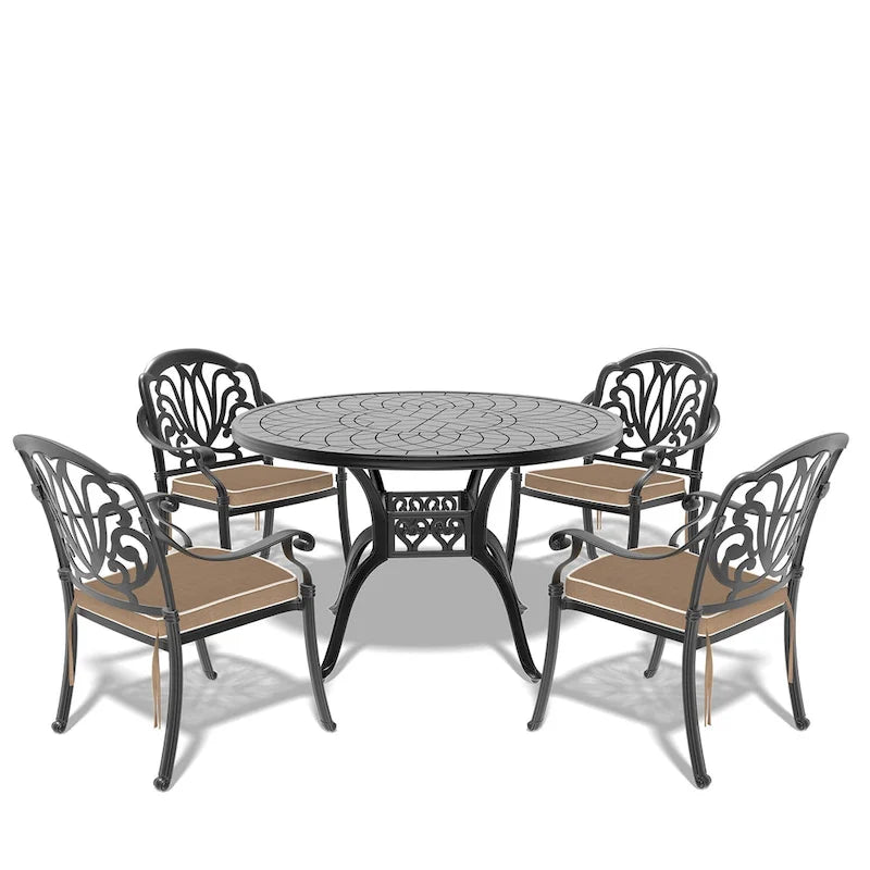 Ensemble de salle à manger d'extérieur 5 ou 7 pièces en aluminium moulé avec table ronde de 120 cm et coussins d'assise de couleur aléatoire