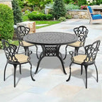Ensemble de salle à manger d'extérieur 5 ou 7 pièces en aluminium moulé avec table ronde de 120 cm et coussins d'assise de couleur aléatoire