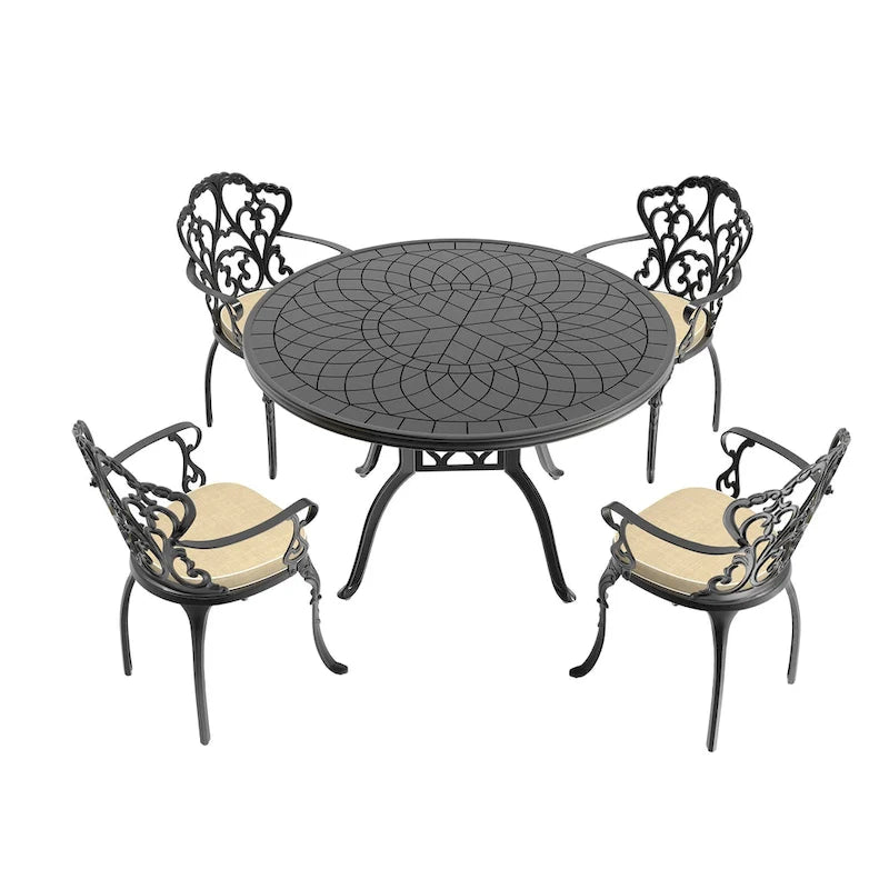 Ensemble de salle à manger d'extérieur 5 ou 7 pièces en aluminium moulé avec table ronde de 120 cm et coussins d'assise de couleur aléatoire