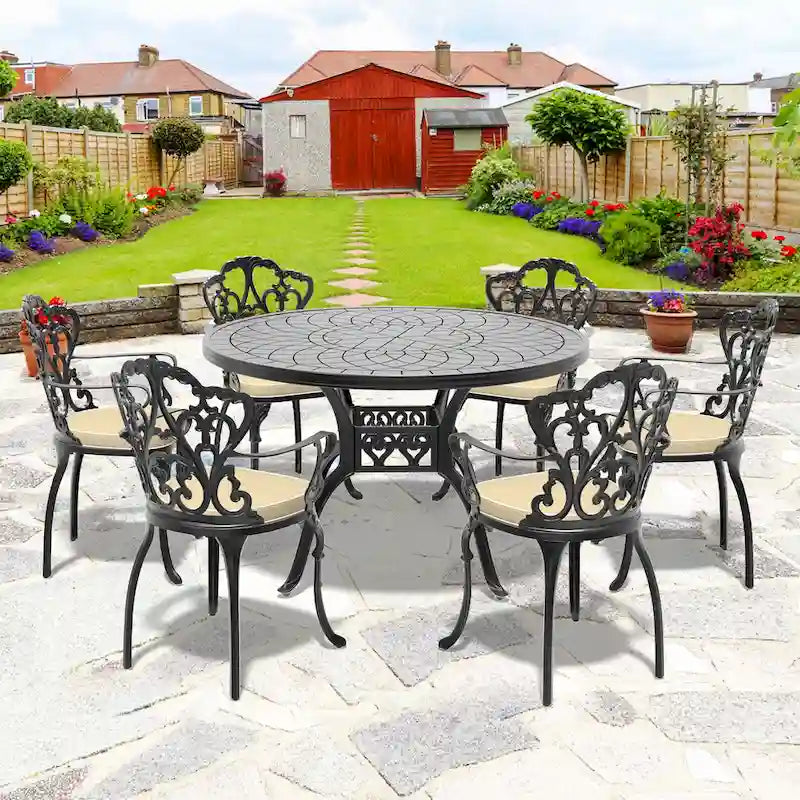 Ensemble de salle à manger d'extérieur 5 ou 7 pièces en aluminium moulé avec table ronde de 120 cm et coussins d'assise de couleur aléatoire