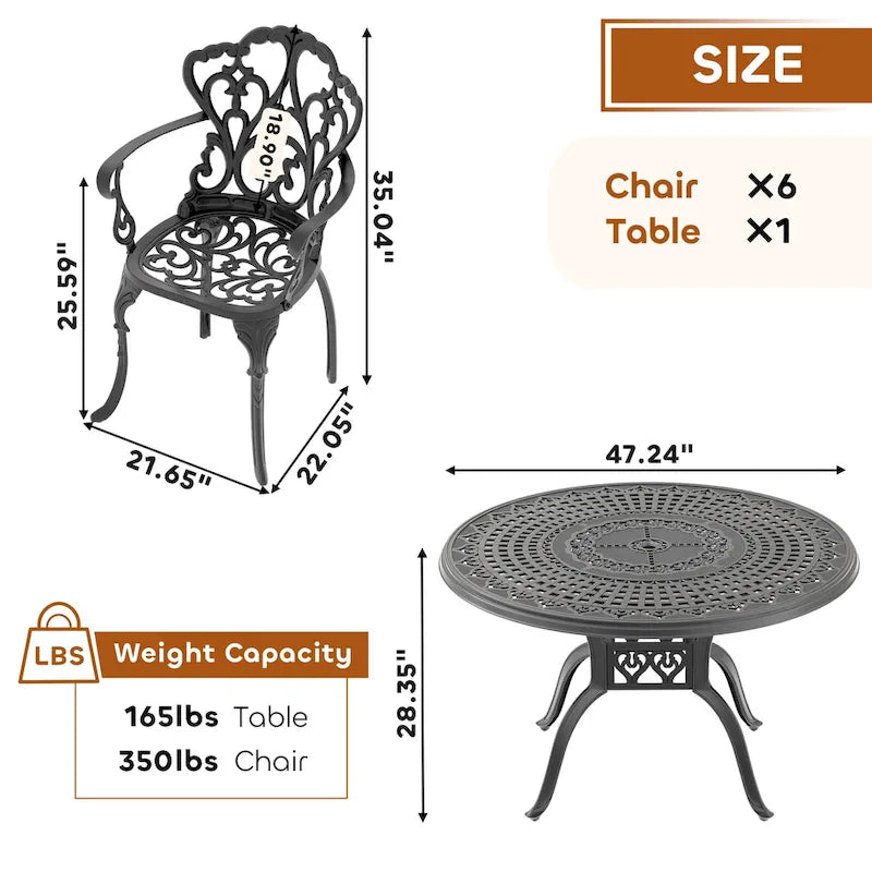 Ensemble de salle à manger d'extérieur 5 ou 7 pièces en aluminium moulé avec table ronde de 120 cm et coussins d'assise de couleur aléatoire