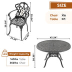 Ensemble de salle à manger d'extérieur 5 ou 7 pièces en aluminium moulé avec table ronde de 120 cm et coussins d'assise de couleur aléatoire