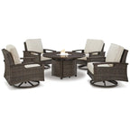 Signature Design by Ashley Paradise Trail Medium Brown/Beige Outdoor Fire Pit Table with 4 Nuvella Swivel Lounge Chairs