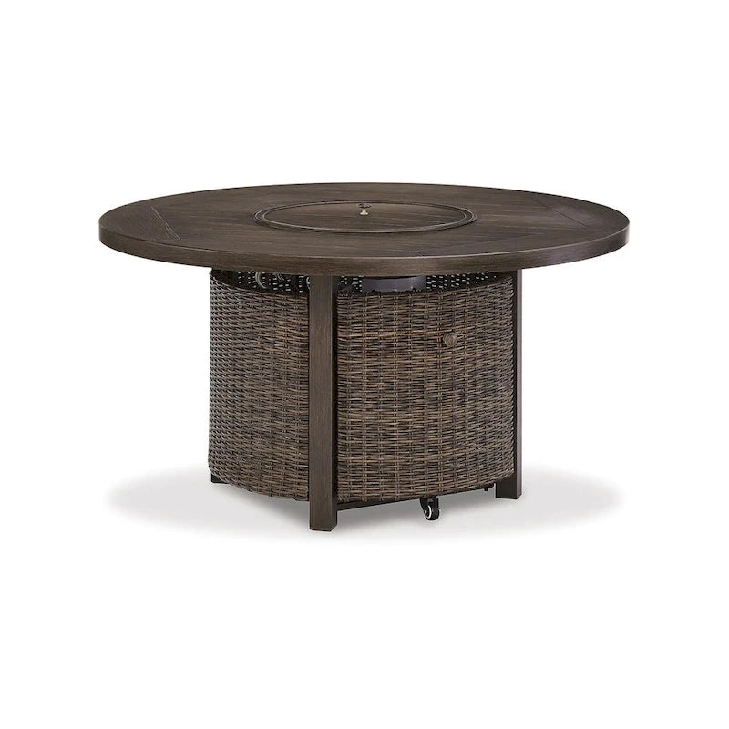 Table de foyer extérieur Signature Design by Ashley Paradise Trail marron/beige avec 4 chaises longues pivotantes Nuvella