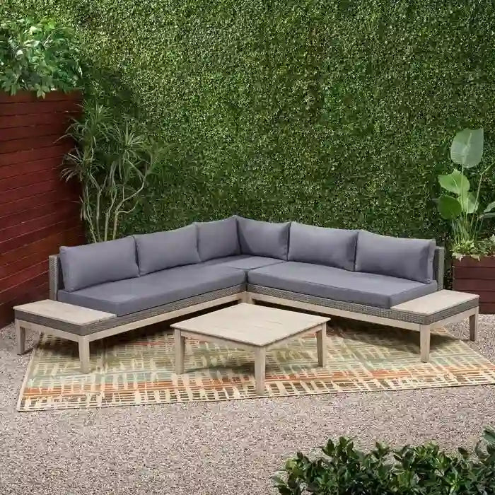 Ensemble de canapé d'angle 5 places en bois d'acacia et osier pour extérieur