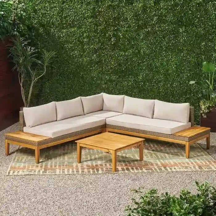 Ensemble de canapé d'angle 5 places en bois d'acacia et osier pour extérieur