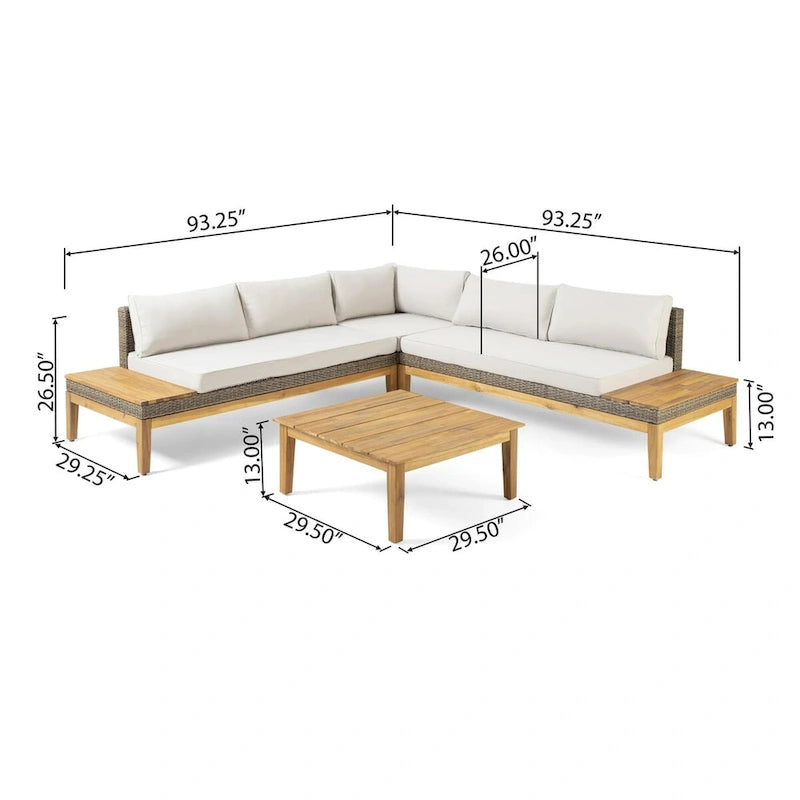Ensemble de canapé d'angle 5 places en bois d'acacia et osier pour extérieur