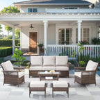 Patio Chair High Back Sofa,Ottomans and Coffee Table - Brown