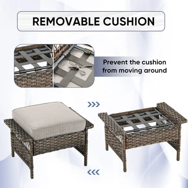 Canapé de terrasse dossier haut, poufs et table basse - Marron