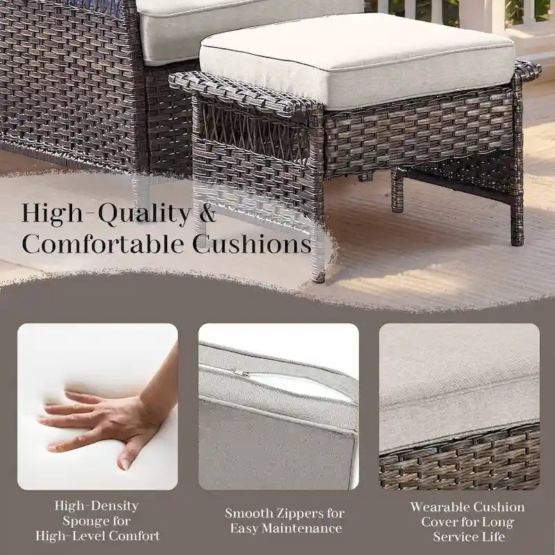Canapé de terrasse dossier haut, poufs et table basse - Marron