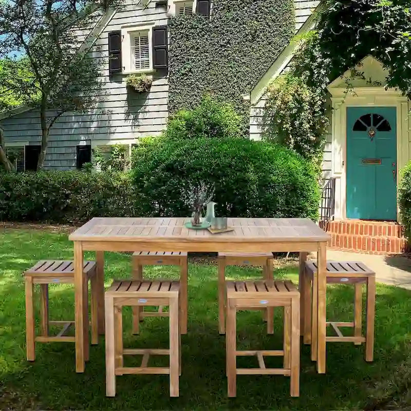 Ensemble de bistrot Chic Teak Antigua 7 pièces en teck avec table rectangulaire de 63 po et 6 tabourets de hauteur comptoir