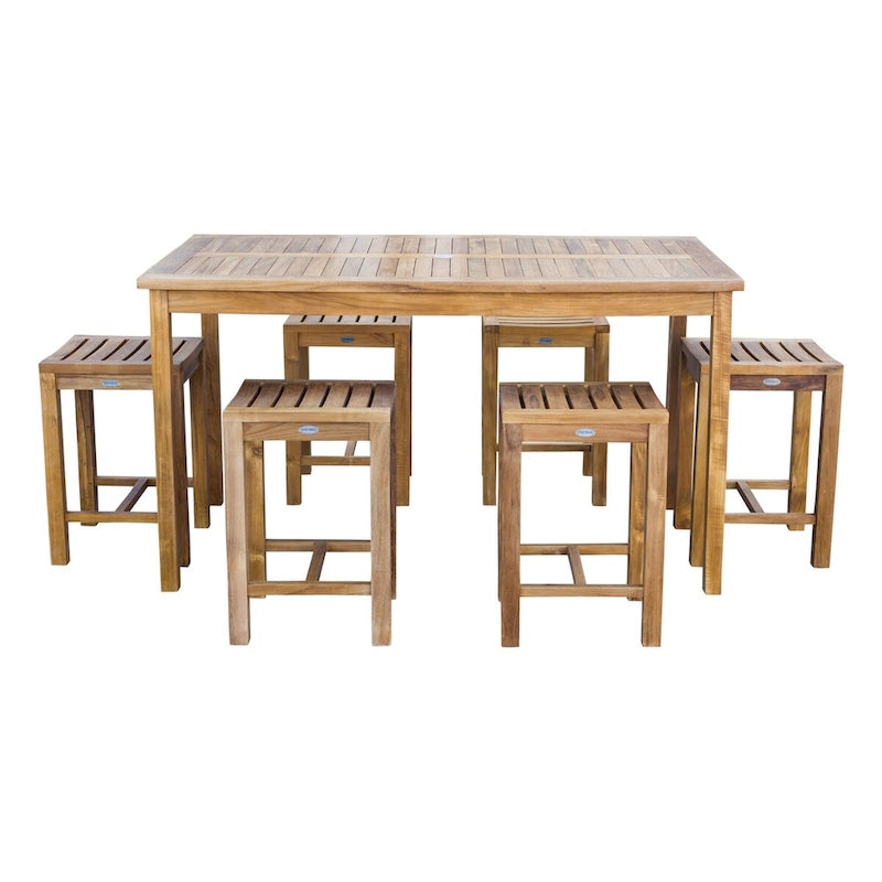 Ensemble de bistrot Chic Teak Antigua 7 pièces en teck avec table rectangulaire de 63 po et 6 tabourets de hauteur comptoir