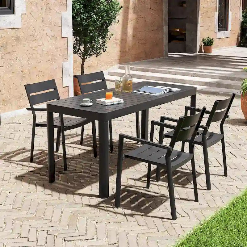 Ensemble de salle à manger d'extérieur 5/7 pièces avec chaises empilables en aluminium et 1 table rectangulaire extensible
