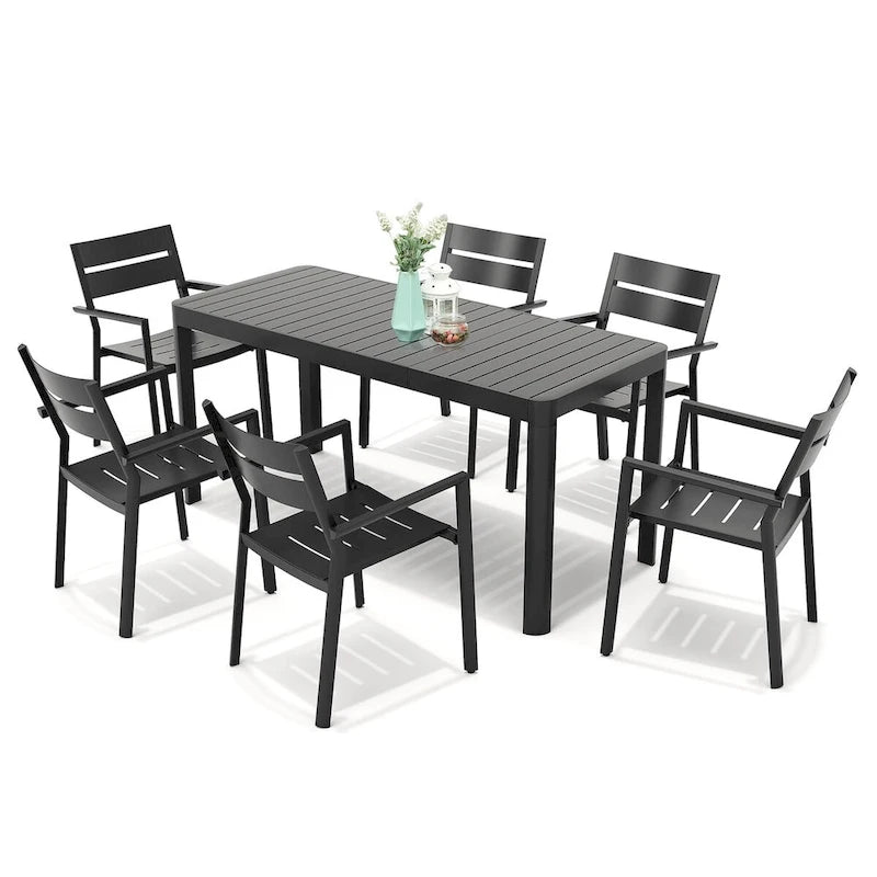 Ensemble de salle à manger d'extérieur 5/7 pièces avec chaises empilables en aluminium et 1 table rectangulaire extensible