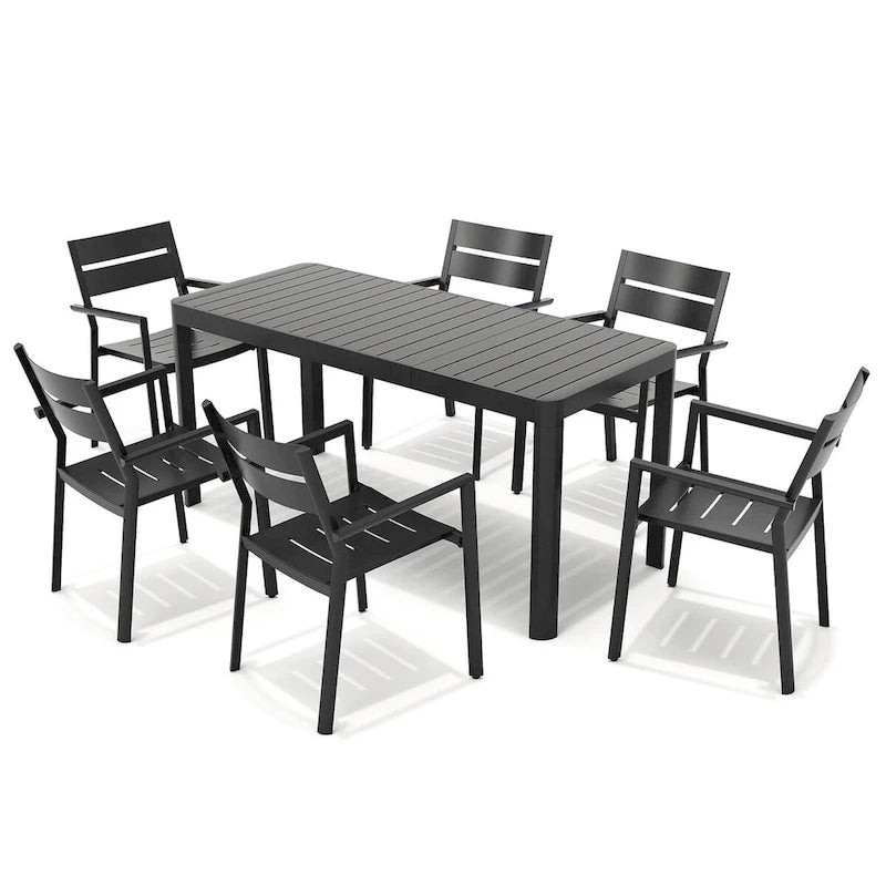Ensemble de salle à manger d'extérieur 5/7 pièces avec chaises empilables en aluminium et 1 table rectangulaire extensible