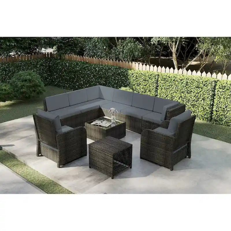 Ensemble de canapé d'angle de conversation de 12 pièces en rotin pour patio avec coussins