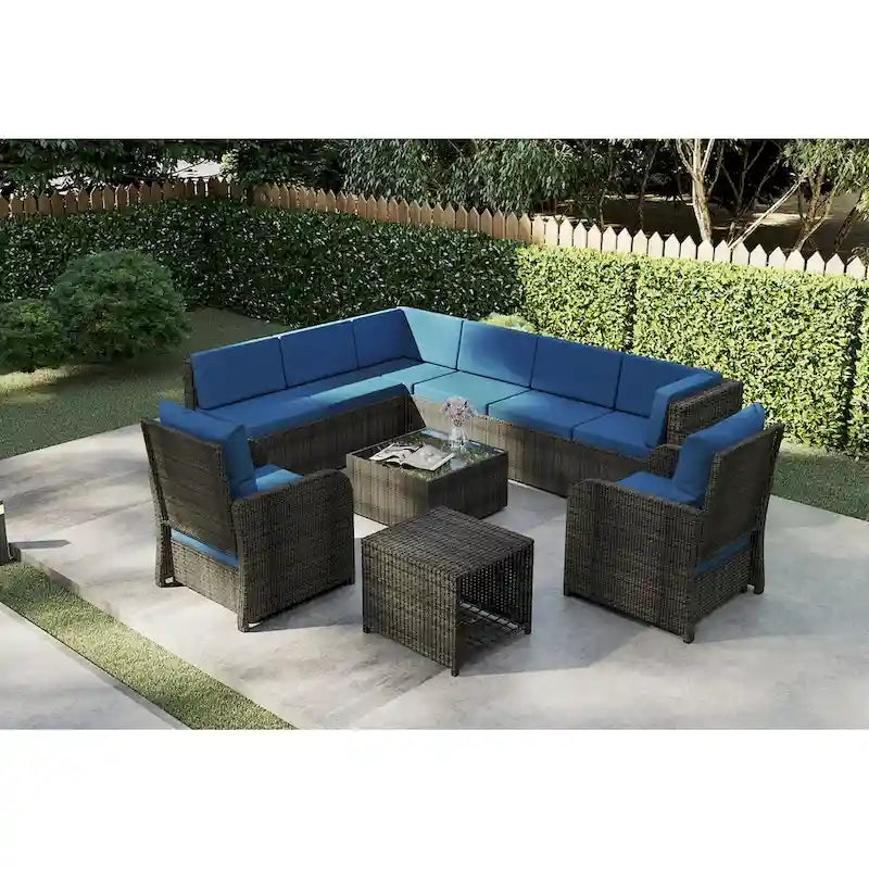 Ensemble de canapé d'angle de conversation de 12 pièces en rotin pour patio avec coussins