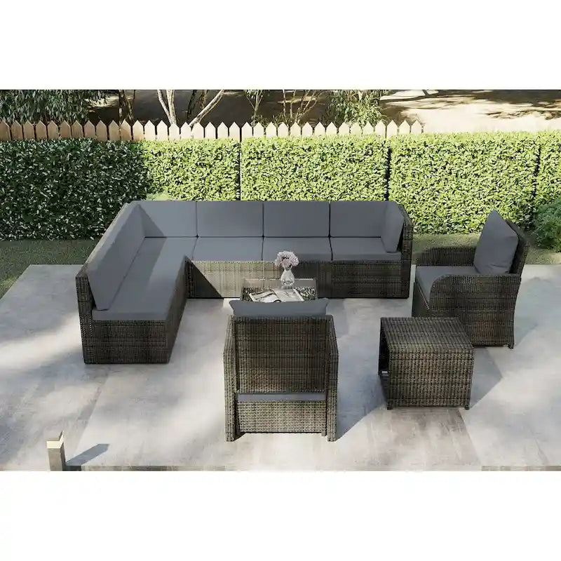 Ensemble de canapé d'angle de conversation de 12 pièces en rotin pour patio avec coussins