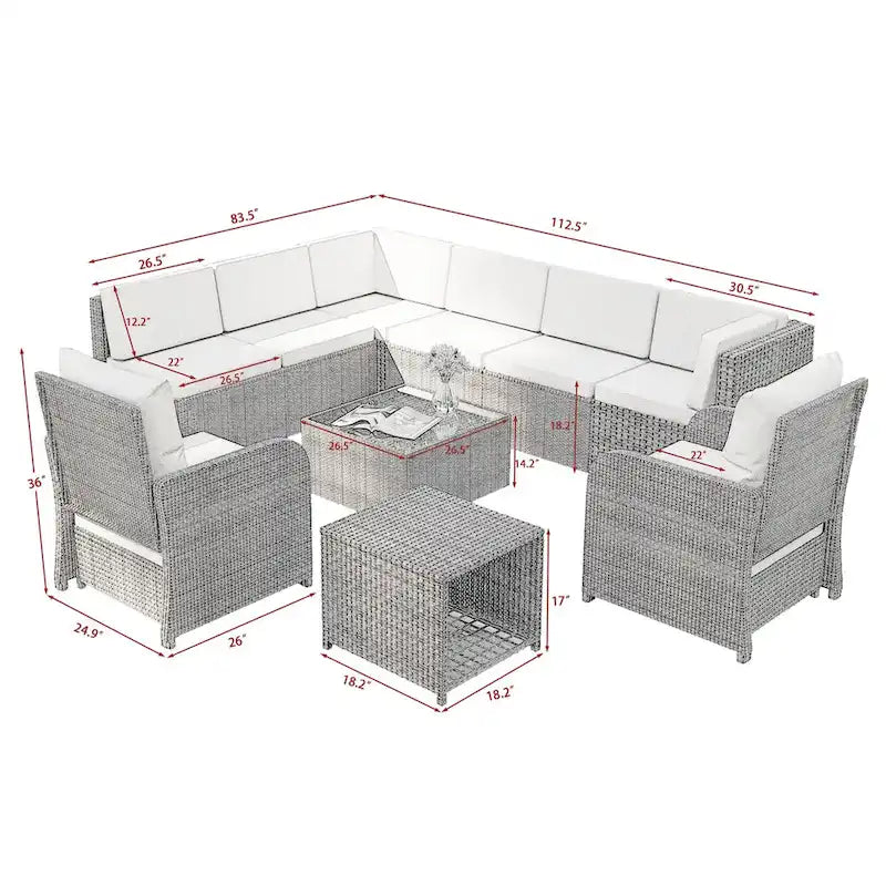 Ensemble de canapé d'angle de conversation de 12 pièces en rotin pour patio avec coussins