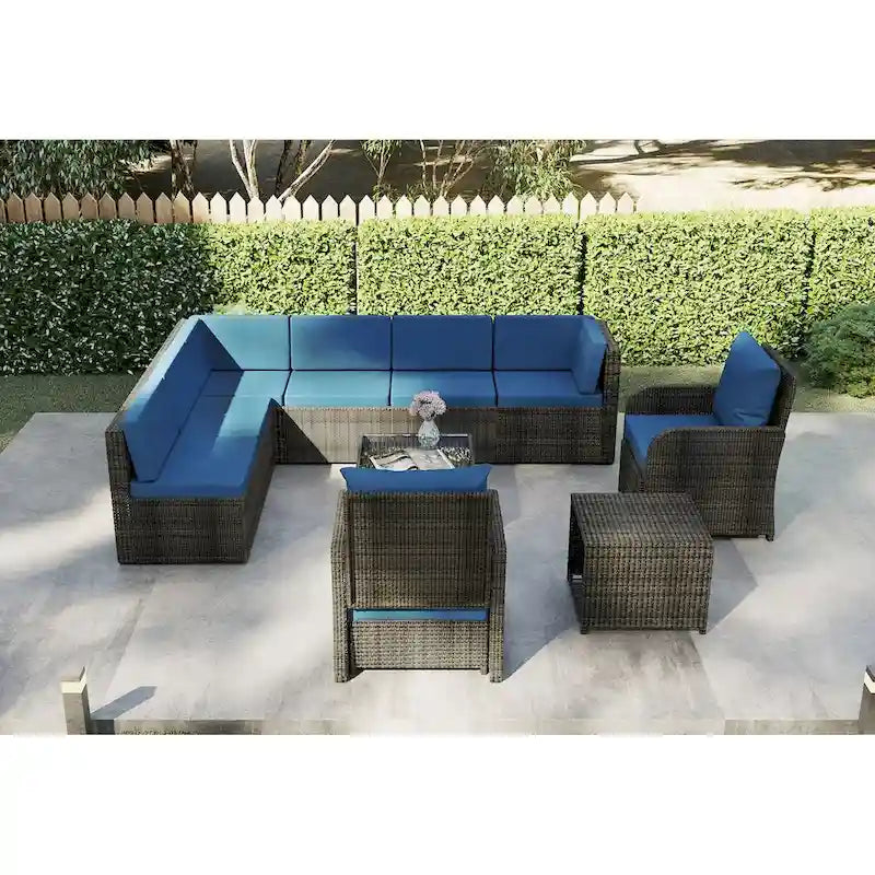 Ensemble de canapé d'angle de conversation de 12 pièces en rotin pour patio avec coussins