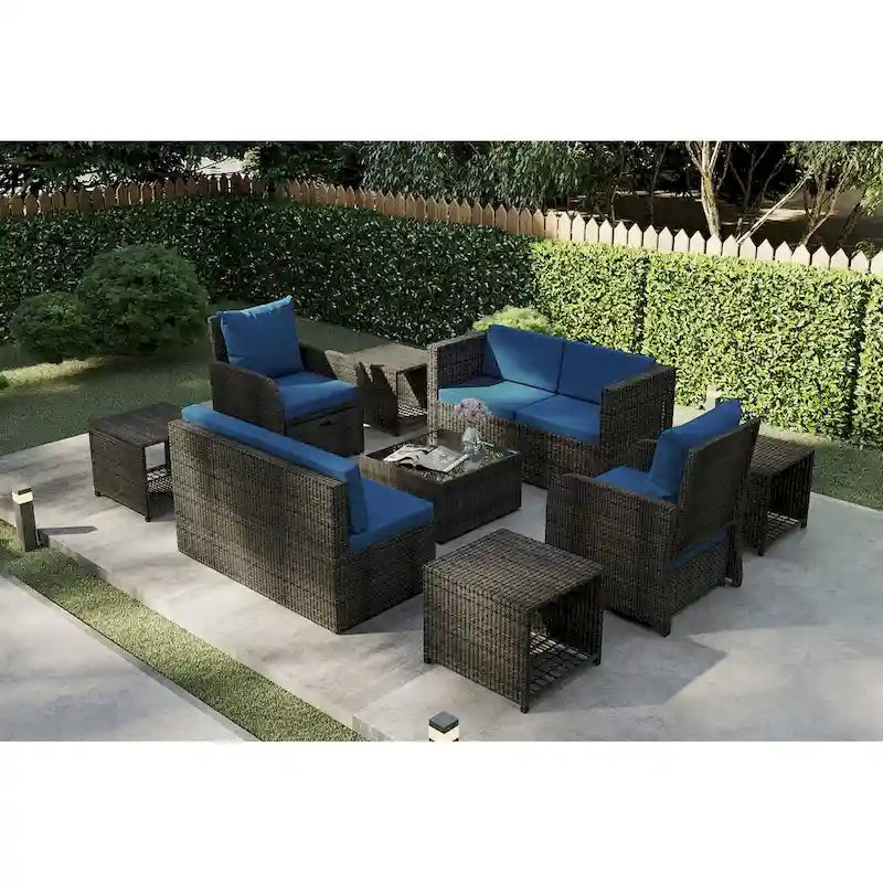 Ensemble de canapé d'angle de conversation de 12 pièces en rotin pour patio avec coussins