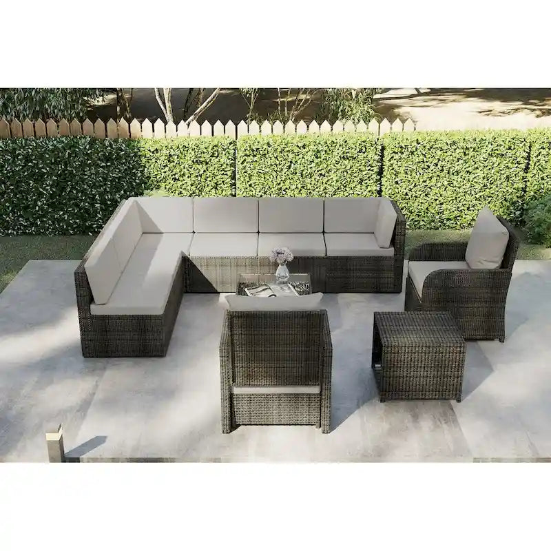 Ensemble de canapé d'angle de conversation de 12 pièces en rotin pour patio avec coussins