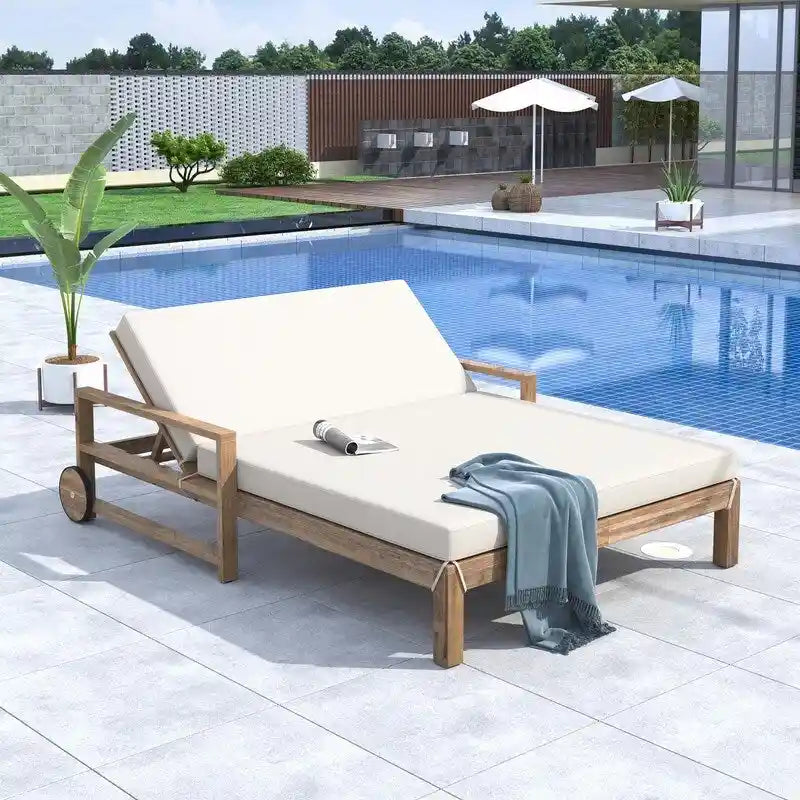 Bain de soleil extérieur en bois de style rustique pour 2 personnes, lit de repos d'extérieur