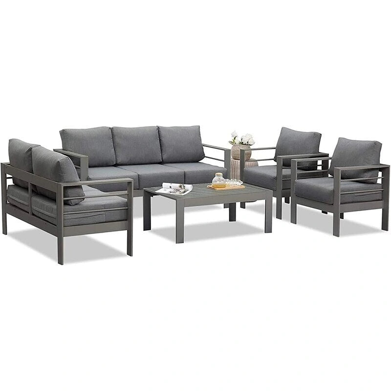 5-Pieces Aluminum Conversation Set Modern Grey Metal sectional Sofa with Dark Grey Cushions - 73x26x32