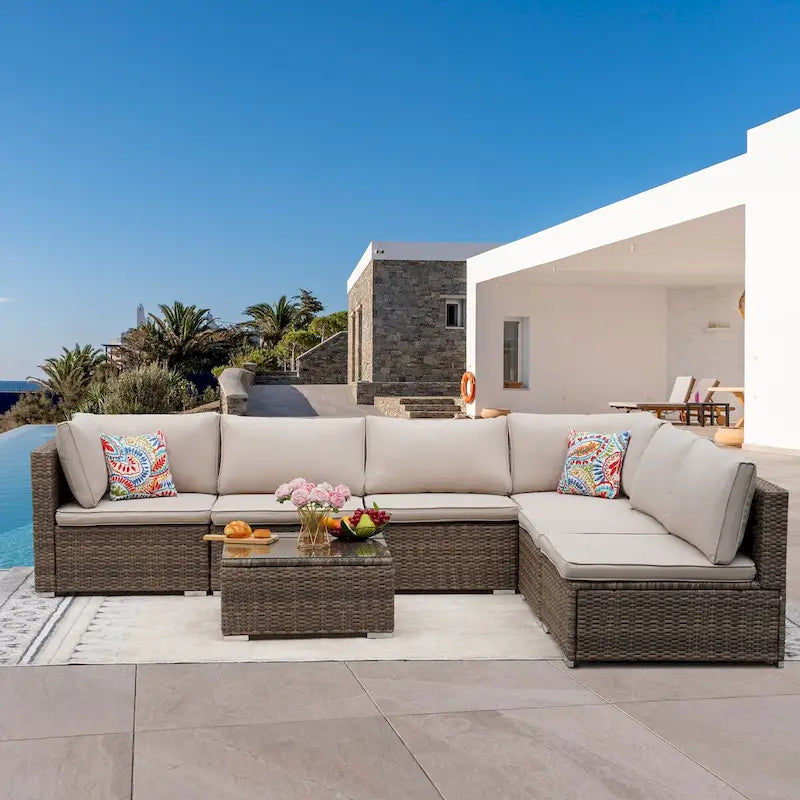 Ensemble de canapé d'angle de jardin en rotin tressé 7 pièces, Marron
