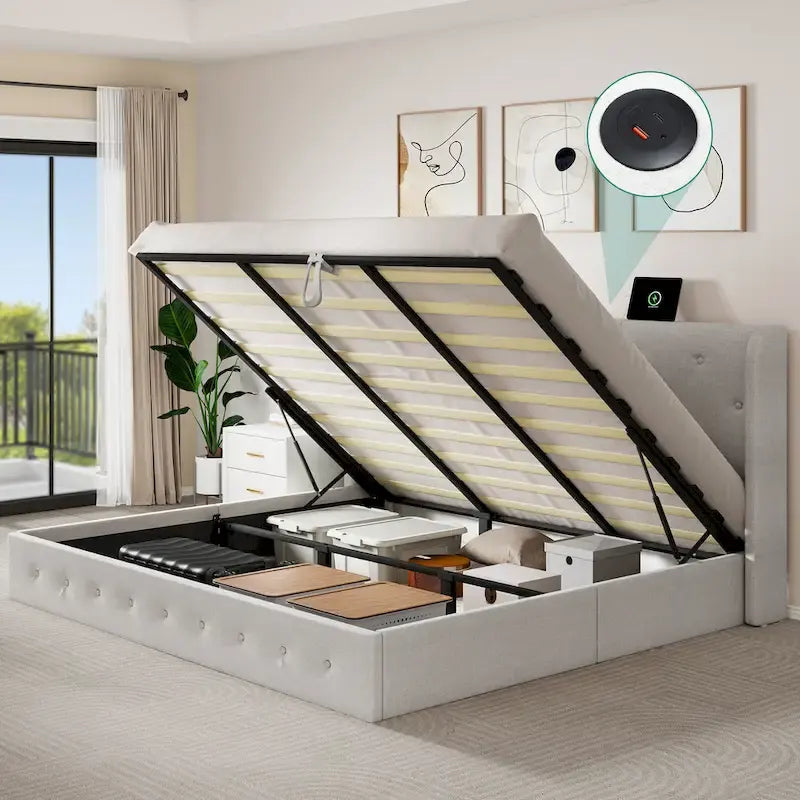  Queen Upholstered Headboard Platform Beds Lift Up Storage Bed