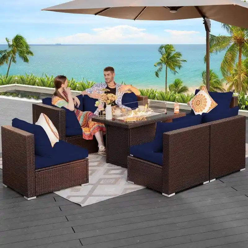 FINCATI Salon de Jardin Extérieur 7 Pièces Extra Large à Dossier Haut avec Table de Foyer au Gaz Propane, Ensemble de Canapés en Rotin pour Conversation