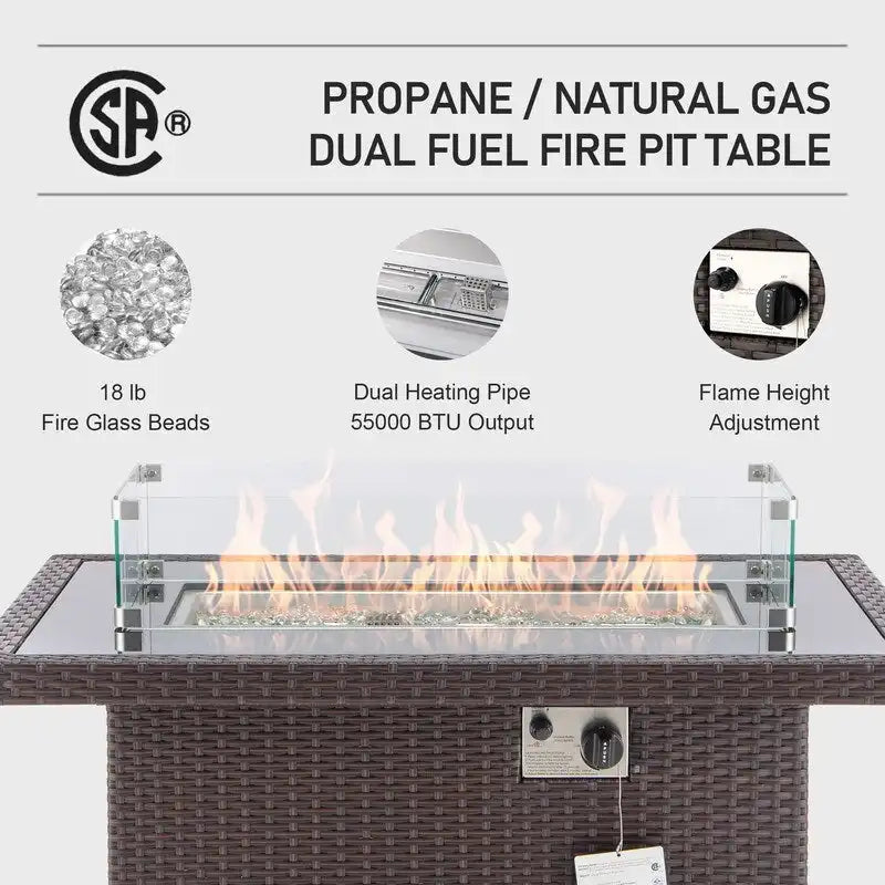 FINCATI Salon de Jardin Extérieur 7 Pièces Extra Large à Dossier Haut avec Table de Foyer au Gaz Propane, Ensemble de Canapés en Rotin pour Conversation
