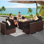 FINCATI Salon de Jardin Extérieur 7 Pièces Extra Large à Dossier Haut avec Table de Foyer au Gaz Propane, Ensemble de Canapés en Rotin pour Conversation