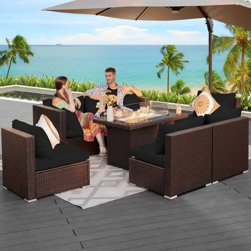 FINCATI Salon de Jardin Extérieur 7 Pièces Extra Large à Dossier Haut avec Table de Foyer au Gaz Propane, Ensemble de Canapés en Rotin pour Conversation