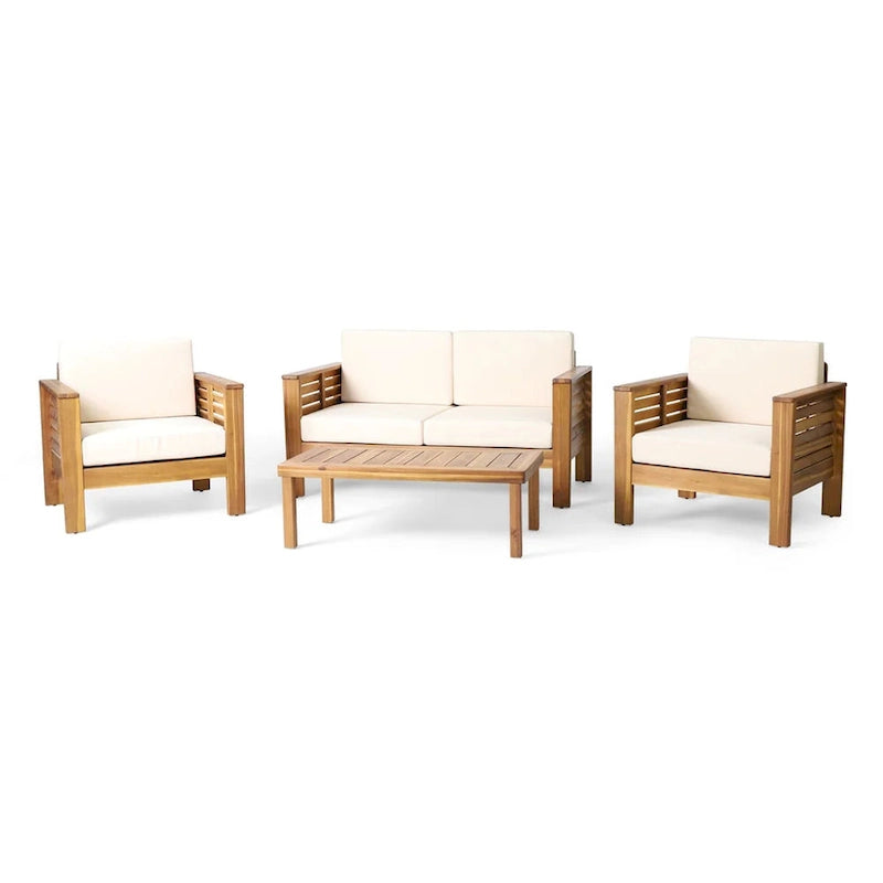 Ensemble causeuse et table basse d'extérieur en bois d'acacia avec coussins