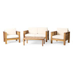 Ensemble causeuse et table basse d'extérieur en bois d'acacia avec coussins