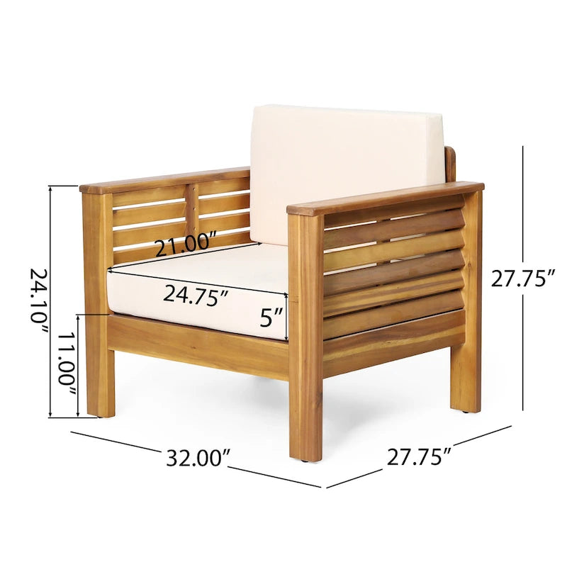 Ensemble causeuse et table basse d'extérieur en bois d'acacia avec coussins