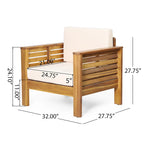 Ensemble causeuse et table basse d'extérieur en bois d'acacia avec coussins