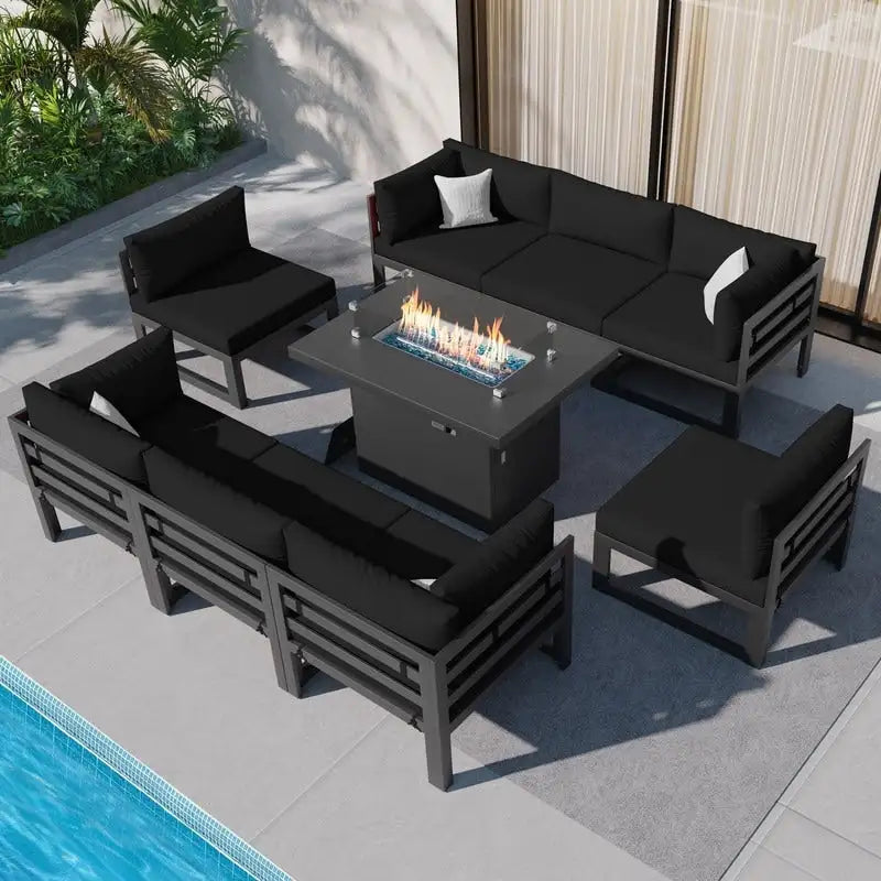 Ensemble de meubles de patio en aluminium de luxe surdimensionnés FINCATI 9 pièces avec sièges profonds et table de foyer convertible 43