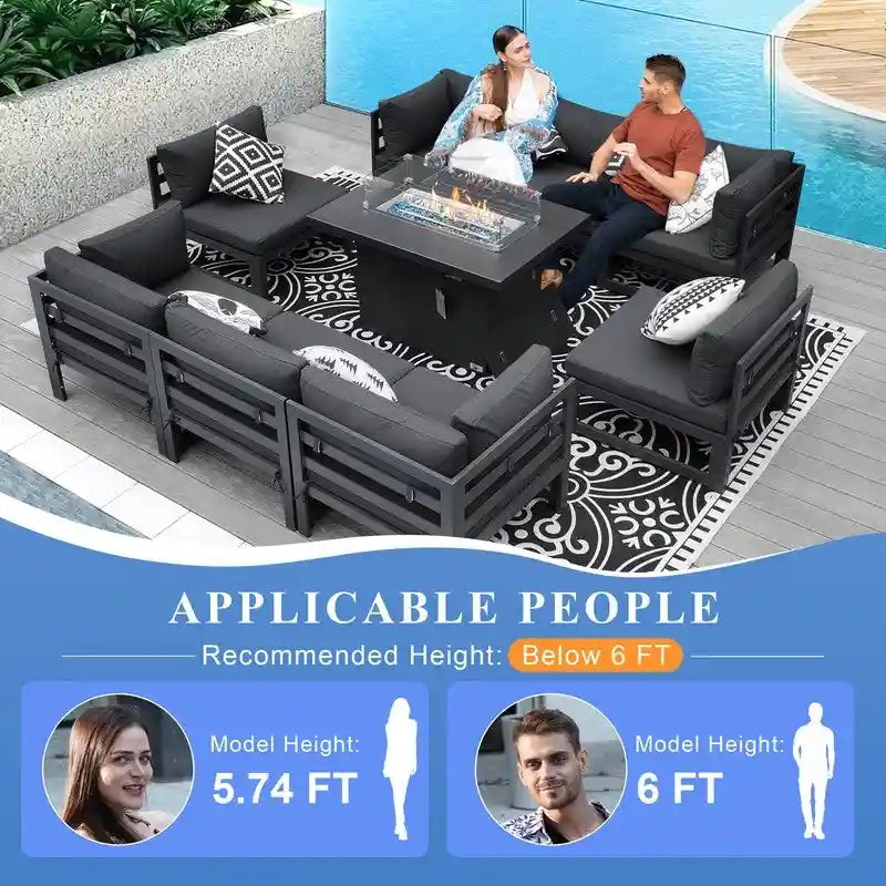 Ensemble de meubles de patio en aluminium de luxe surdimensionnés FINCATI 9 pièces avec sièges profonds et table de foyer convertible 43