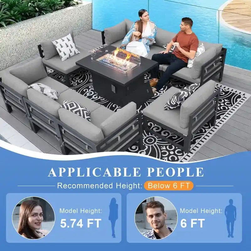 Ensemble de meubles de patio en aluminium de luxe surdimensionnés FINCATI 9 pièces avec sièges profonds et table de foyer convertible 43