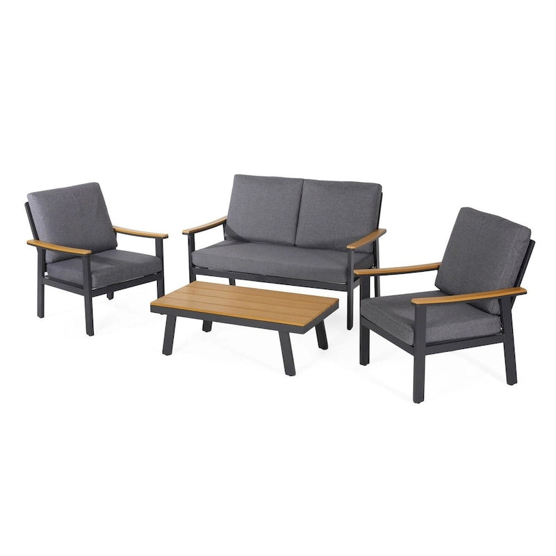 Ensemble de conversation d'extérieur 4 pièces en métal avec coussins gris