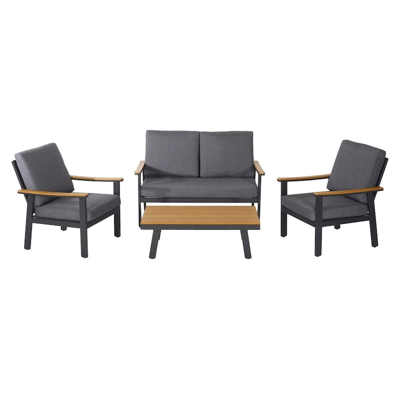 Ensemble de conversation d'extérieur 4 pièces en métal avec coussins gris