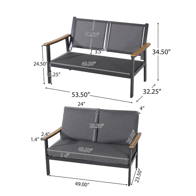 Ensemble de conversation d'extérieur 4 pièces en métal avec coussins gris