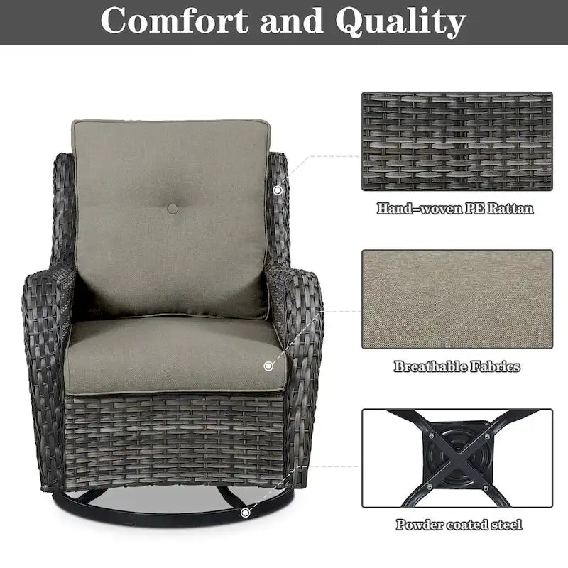 Chaise pivotante d'extérieur en rotin avec table brasero - Grise