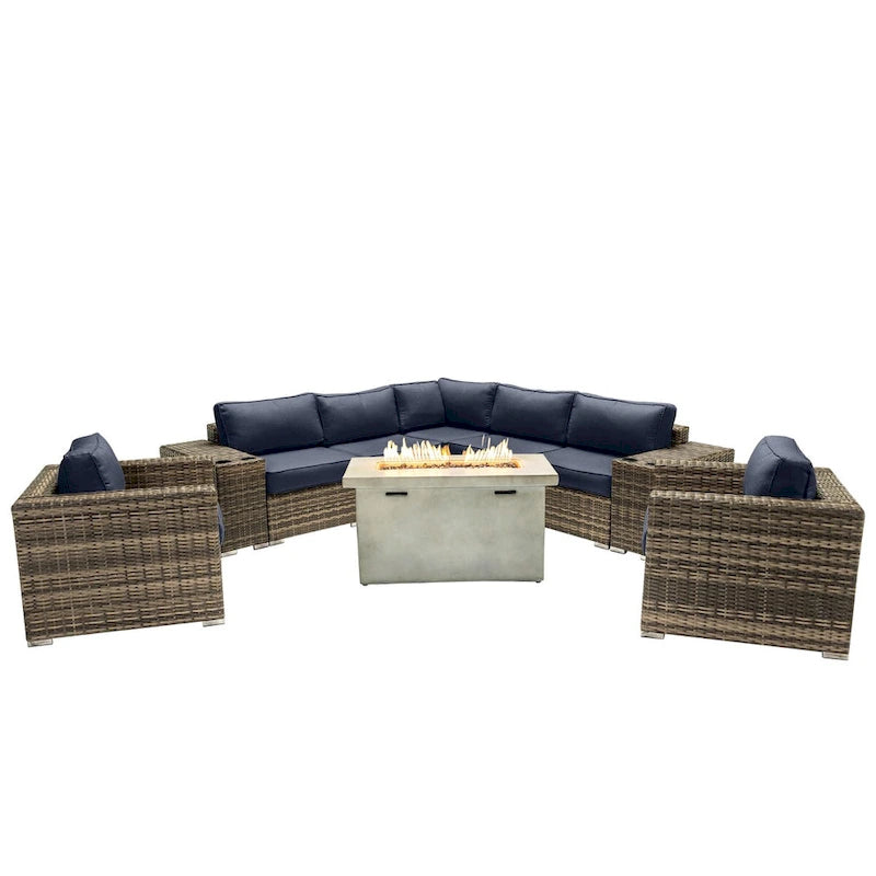 Ensemble de 6 places LSI avec coussins Sunbrella et foyer en béton